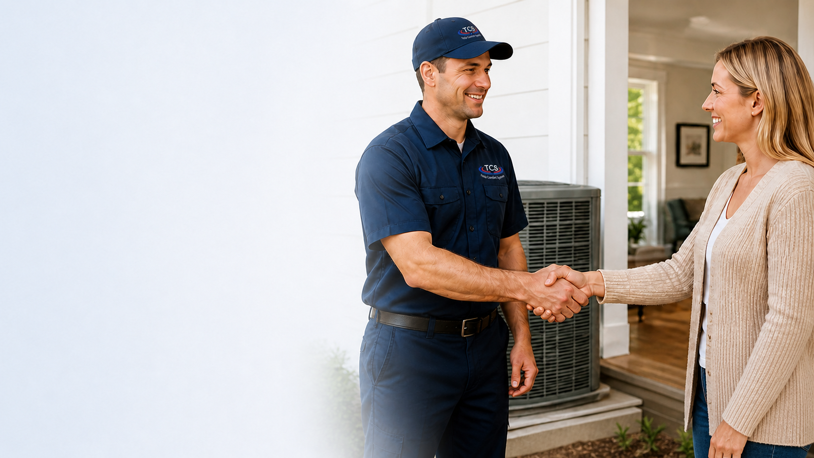 Total Comfort Systems HVAC technician greeting a homeowner by an outdoor air conditioner