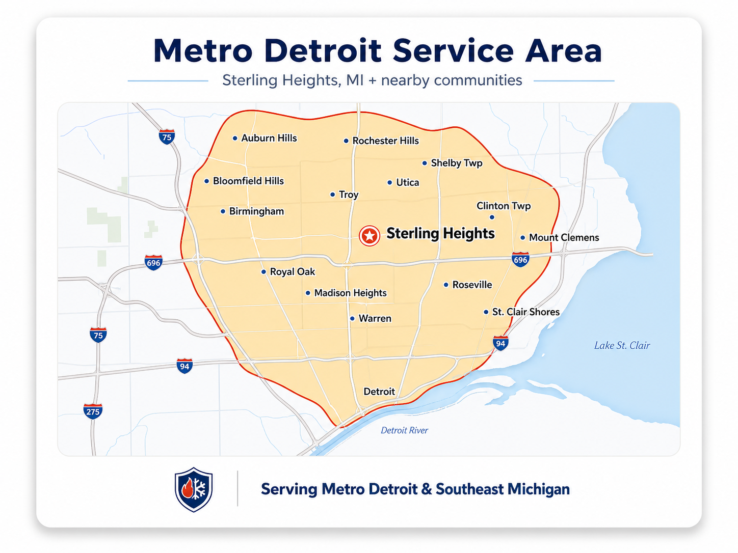 Service area map around Sterling Heights and Metro Detroit